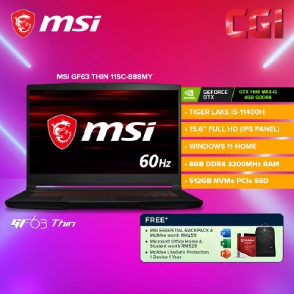 MSI GF63 Thin 11SC888MY Gaming Monitor i511400HGTX1650 MaxQ15.6